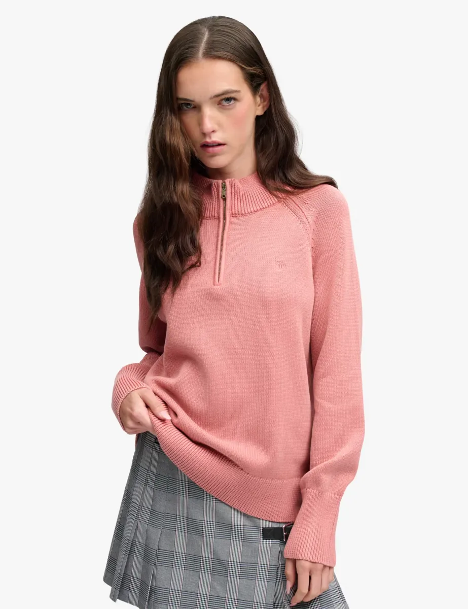 Washed Pure Cotton Half Zip Relaxed Jumper Pink