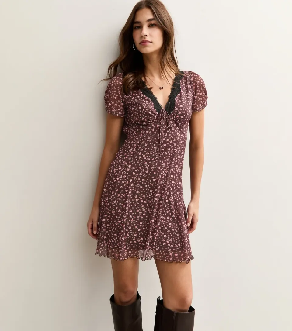 Women's Red Ditsy Print Lace Trim V-Neck Mesh Mini Dress