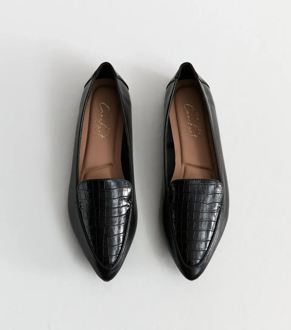 Women's Black Patent Faux Leather Crocodile Embossed Pointed Toe Flats Vegan