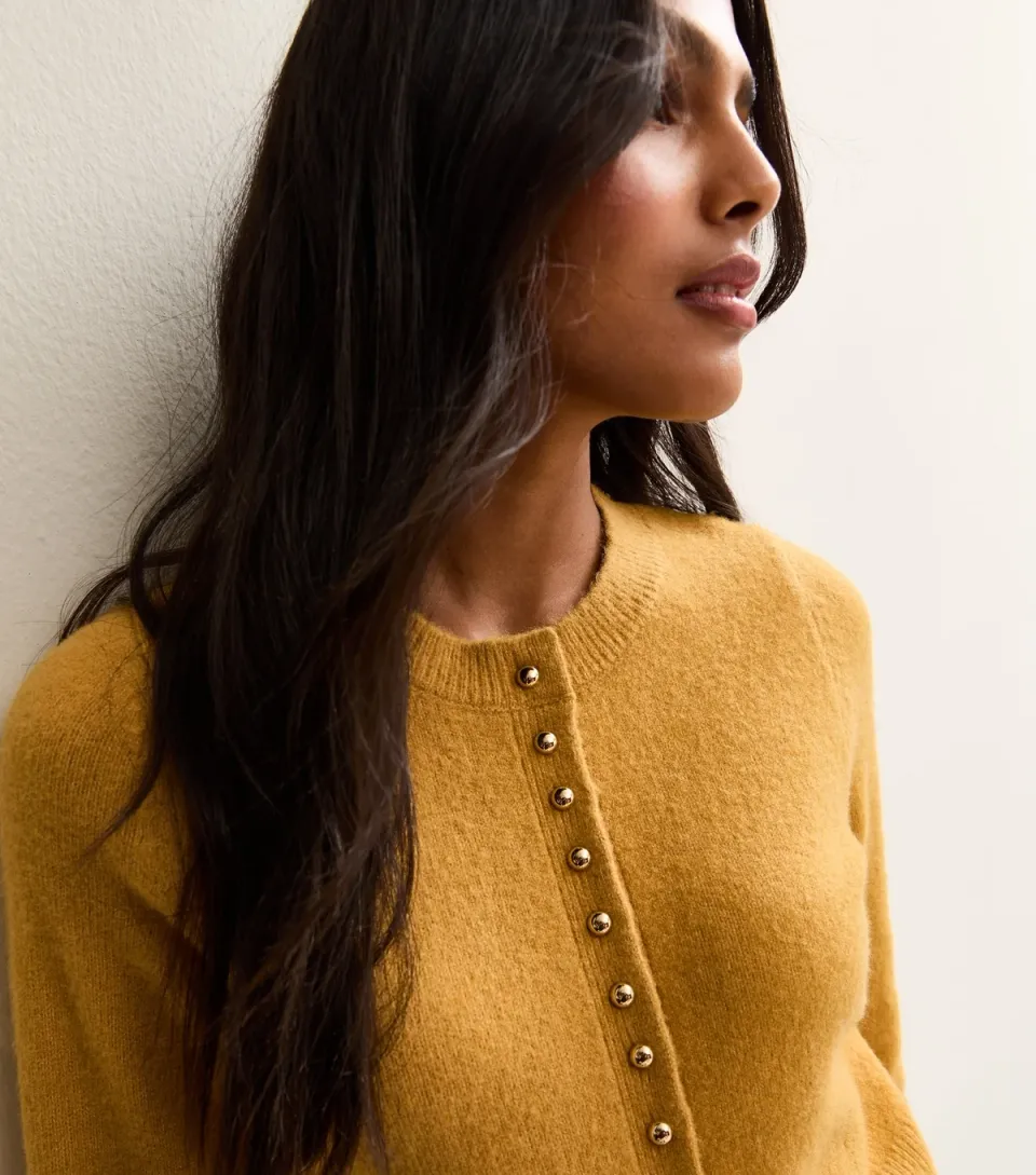 Women's Yellow Crew Neck Long Sleeve Studded Cardigan