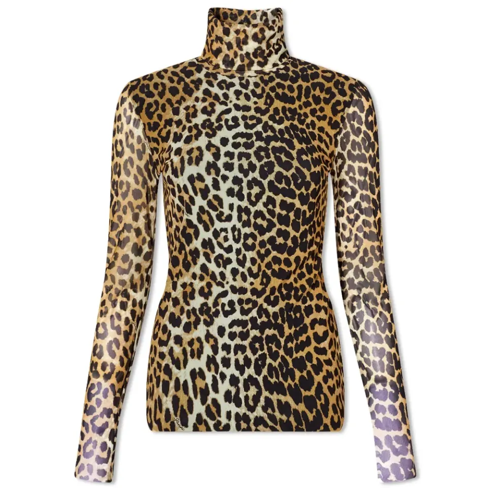 Long Sleeve Printed Mesh Fitted Top