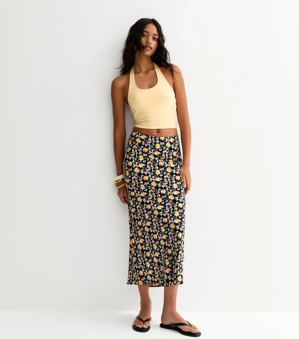 Women's Black Fruit Print Bias Cut Midi Skirt