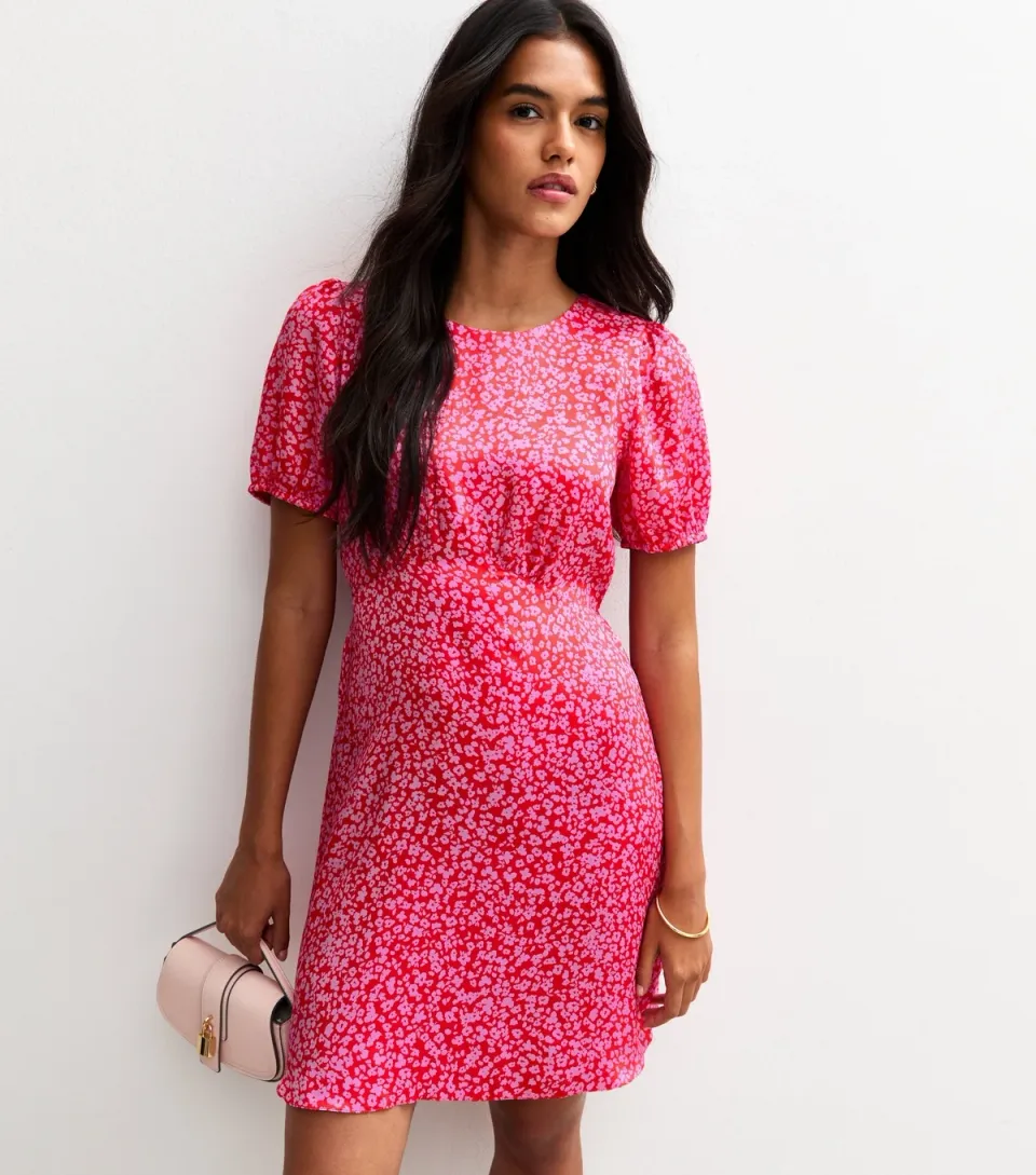 Women's Pink Disty Print Open Back Satin Mini Dress