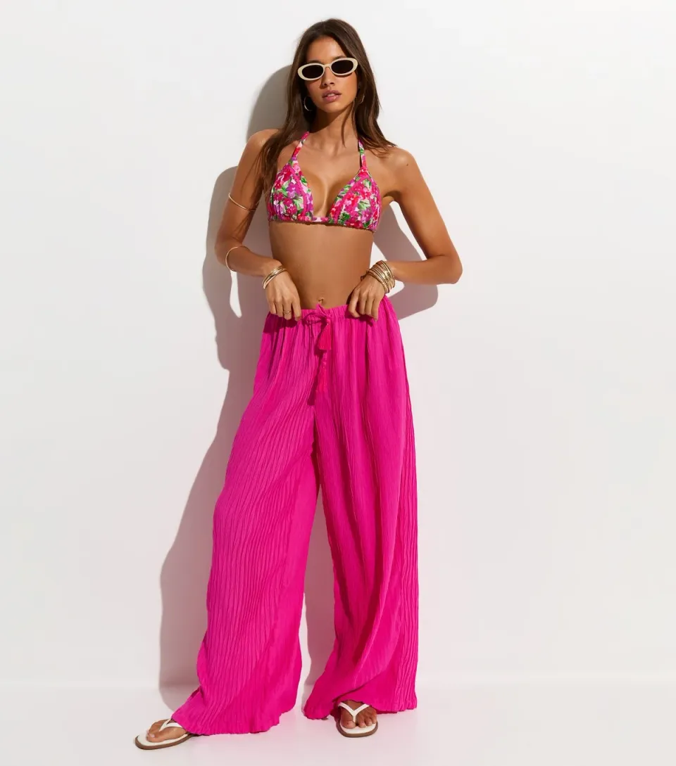 Women's Pink and Green Floral Triangle Bikini Top