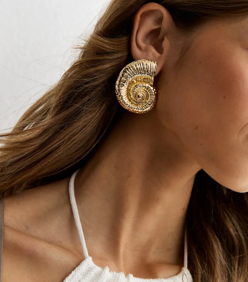 Gold Tone Textured Shell Stud Earrings