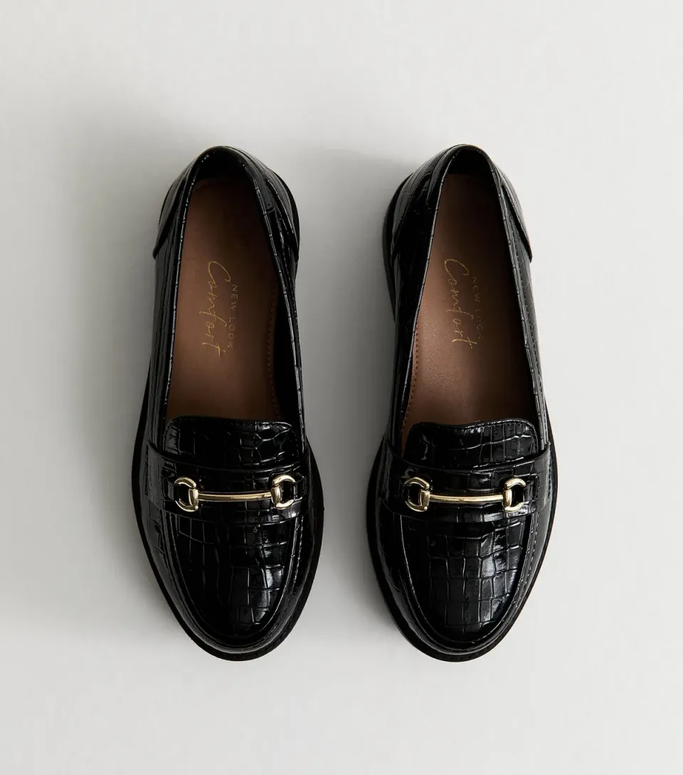 Women's Wide Fit Black Faux Leather Platform Croc Loafer
