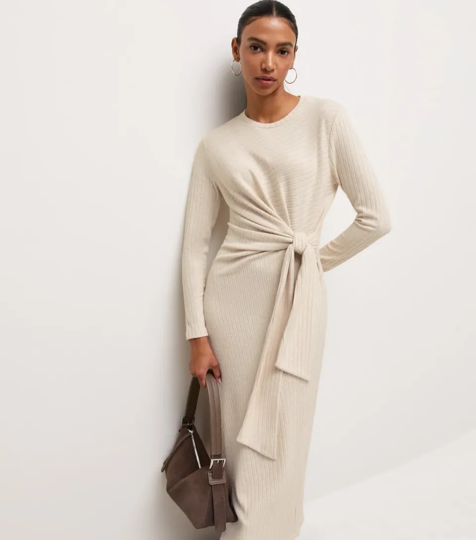 Women's Oatmeal Ribbed Tie Front Long Sleeve Midi Dress