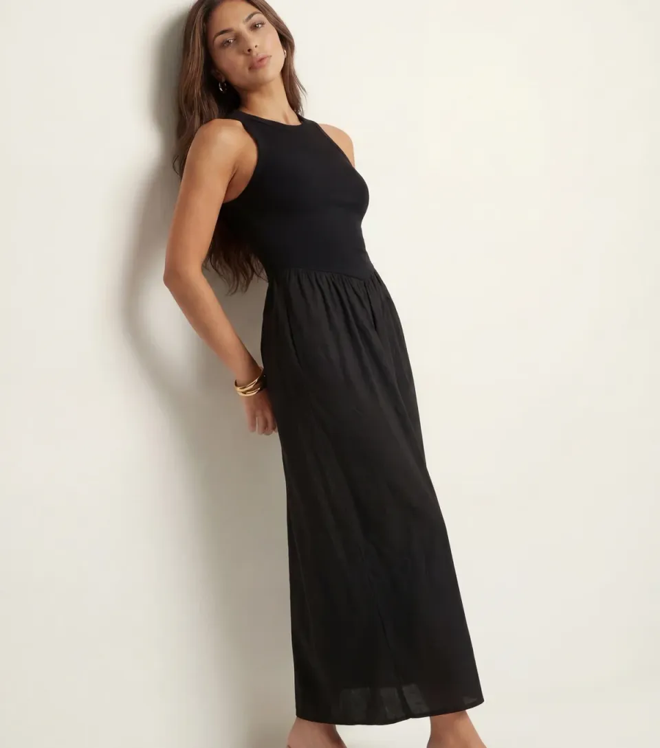 Women's Black Ribbed Poplin Midi Dress