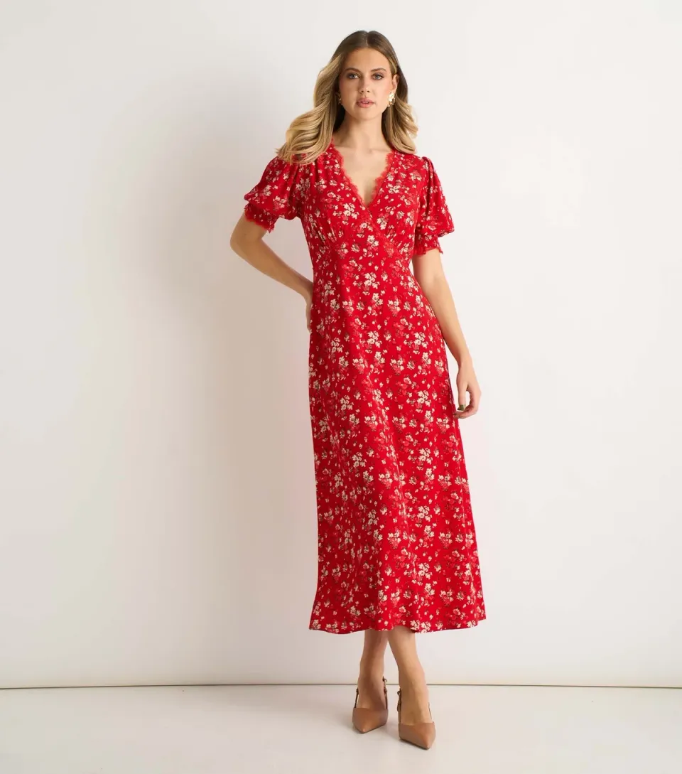 Women's Red Lace Trim Midi Dress
