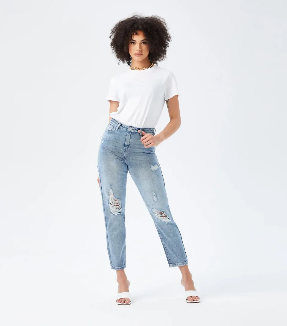 Women's Blue Ripped Mom Jeans