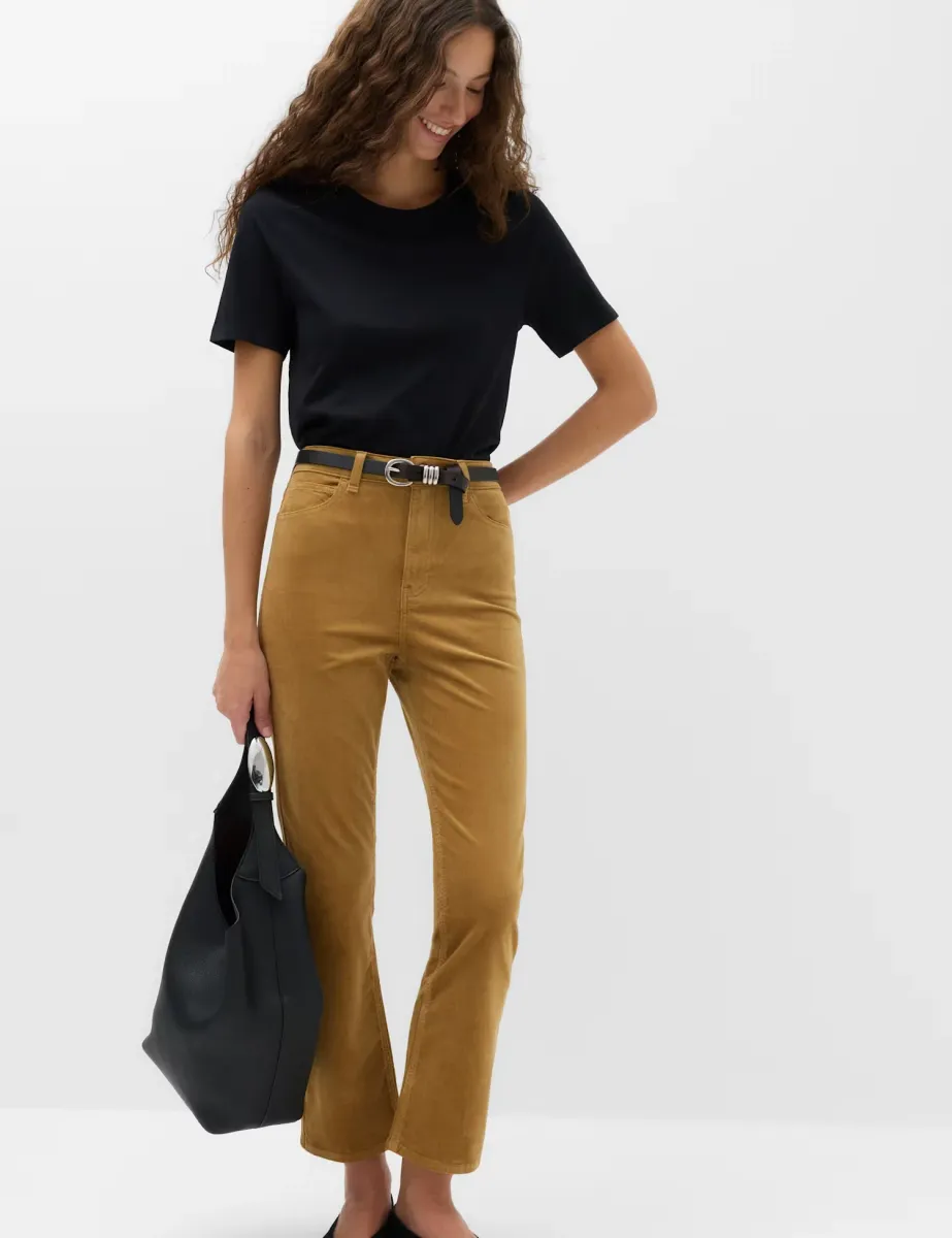 Cord Flare Cropped Trousers Tan