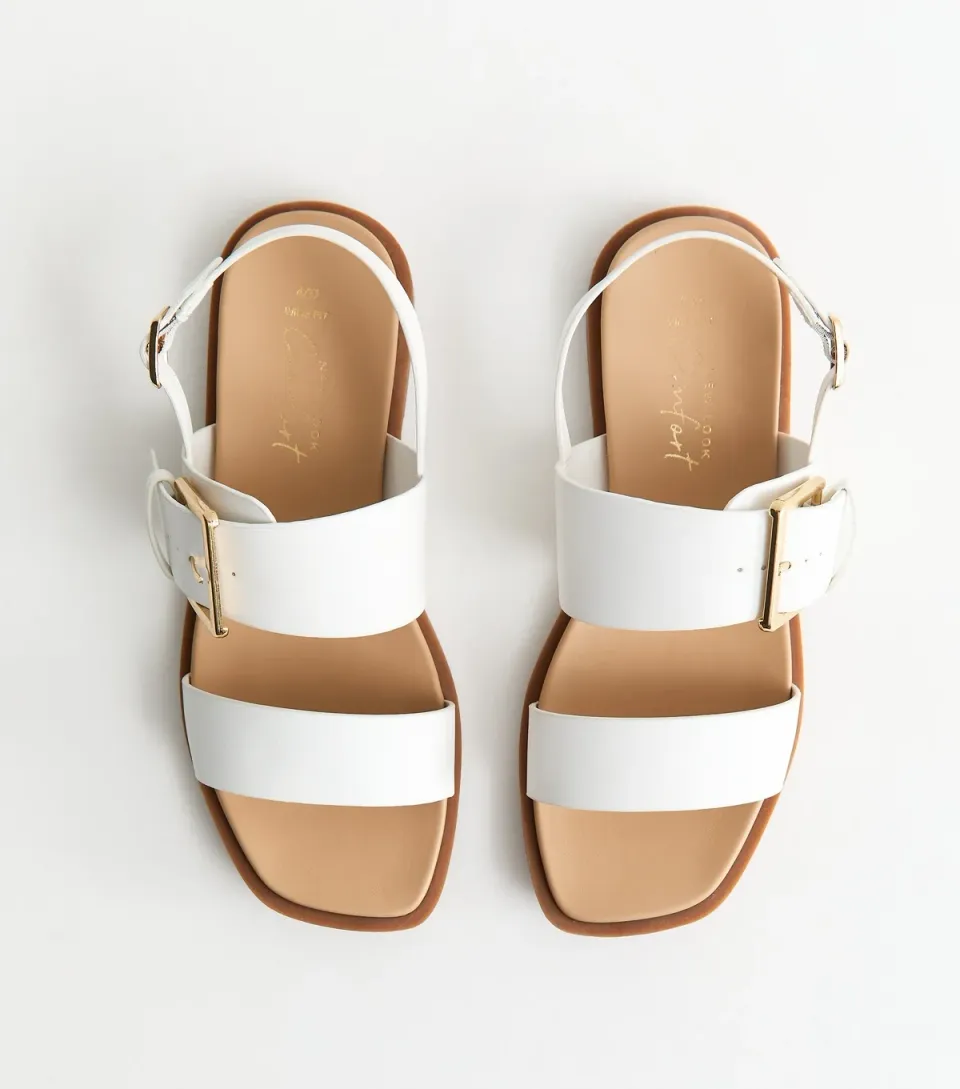 Women's Wide Fit White Faux Leather Flat Slingback Sandals Vegan