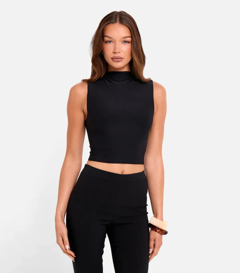 Women's Black High Neck Luxe Slinky Crop Top