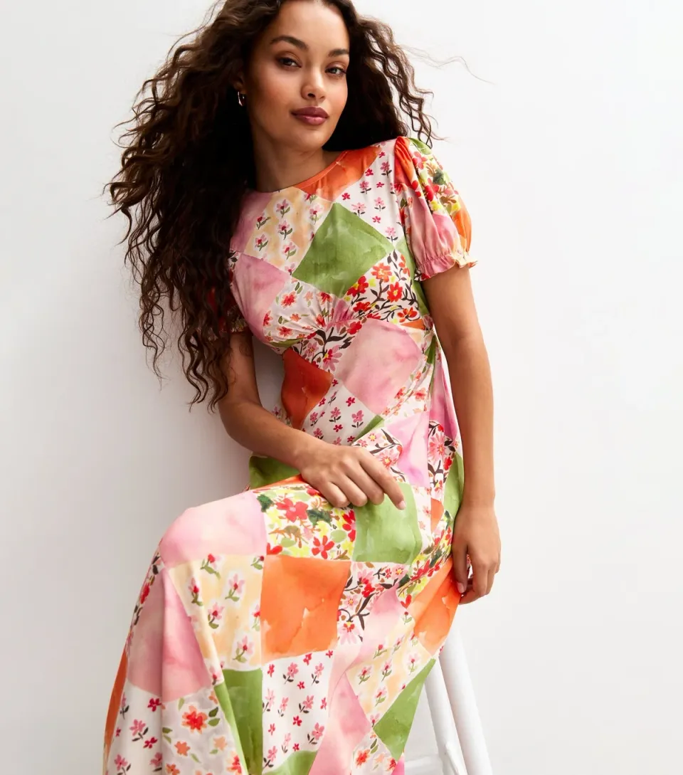 Women's Petite Orange Patchwork Print Midi Dress