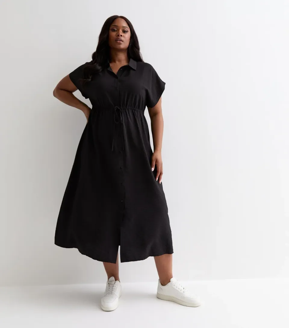 Women's Plus Size Black Short Sleeve Drawstring Midi Shirt Dress Curves