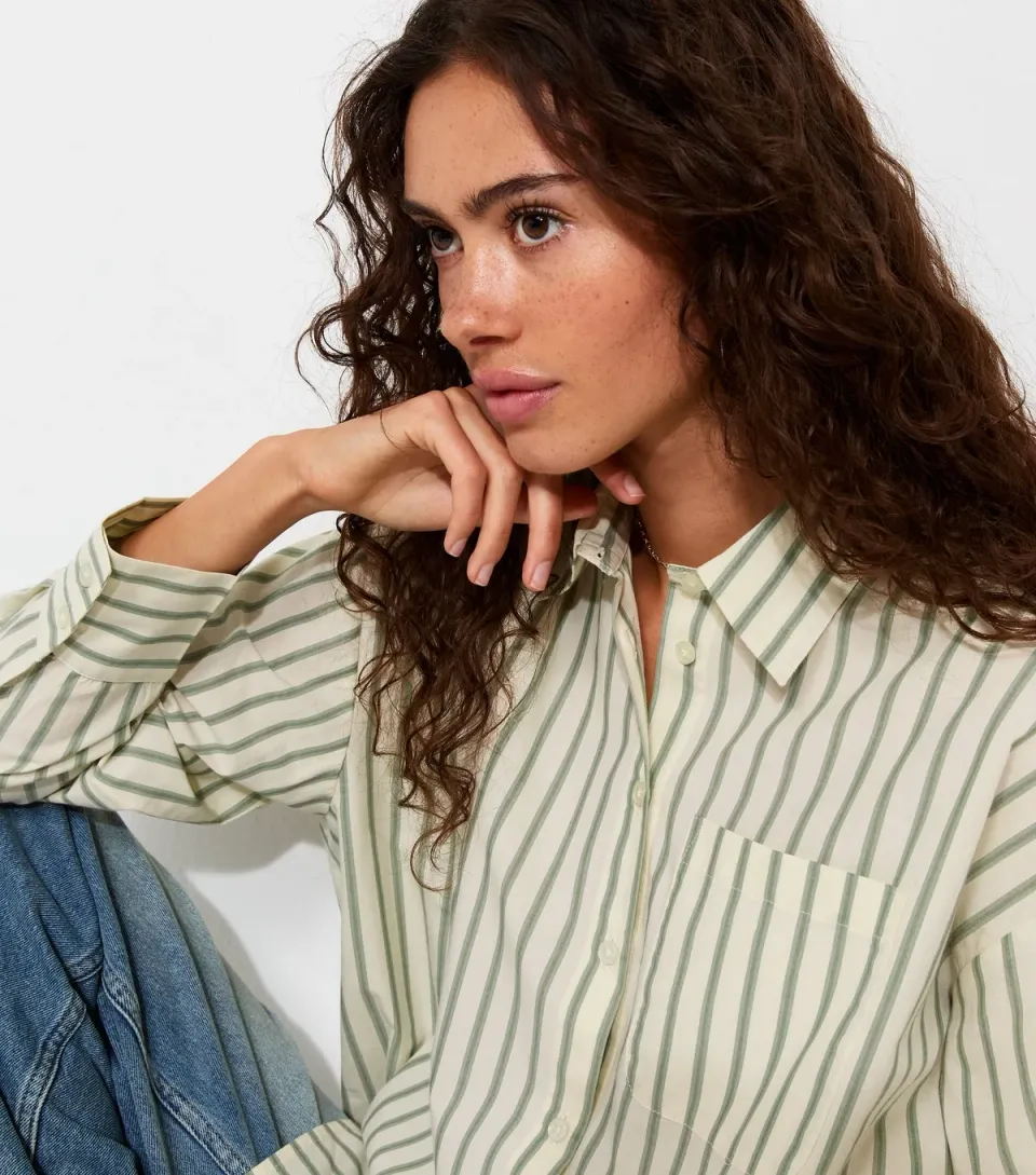 Women's Green Cotton Poplin Striped Long Sleeve Shirt