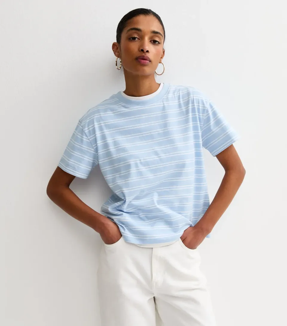 Women's Blue Cotton Striped Crew Neck T-Shirt