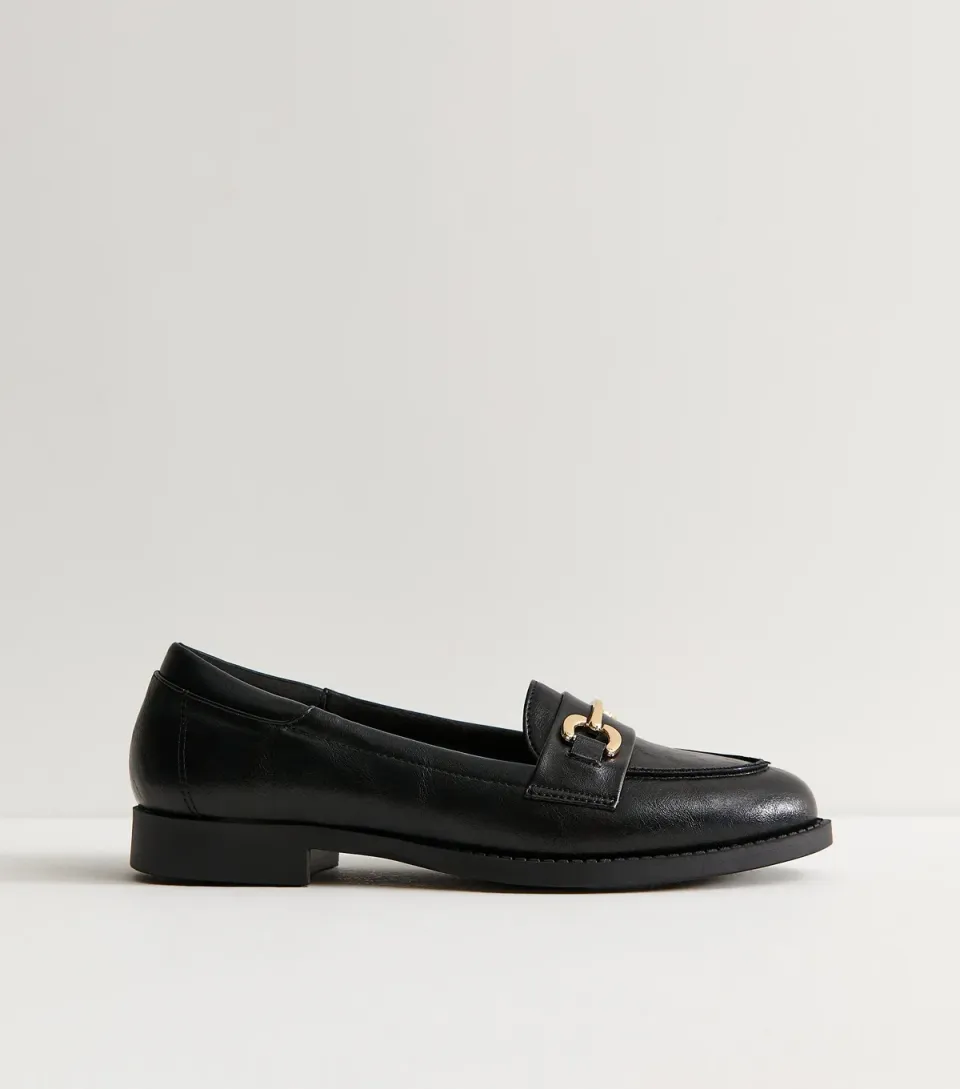 Women's Black Faux Leather Horsebit Detail Almond Toe Loafers Vegan