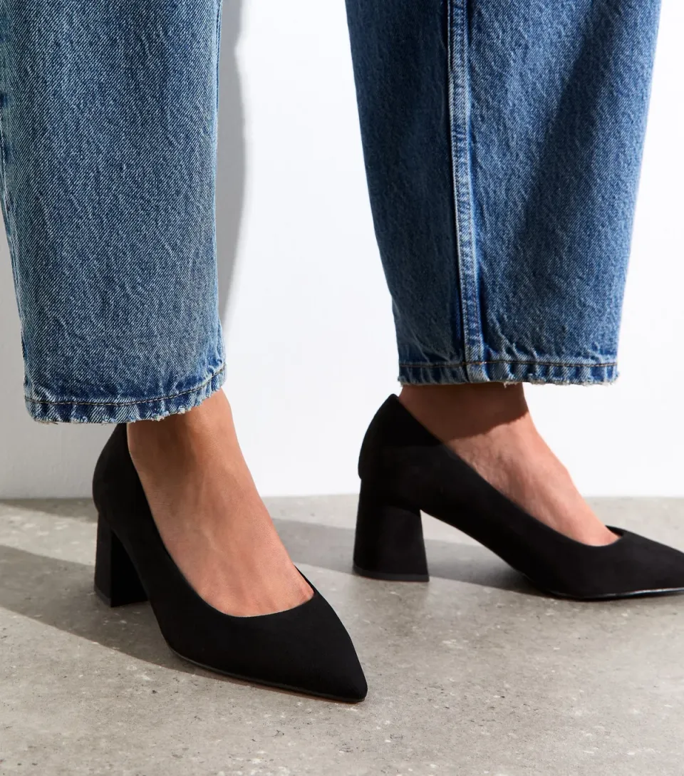 Women's Wide Fit Black Faux Suede Block Heel Court Shoes Vegan