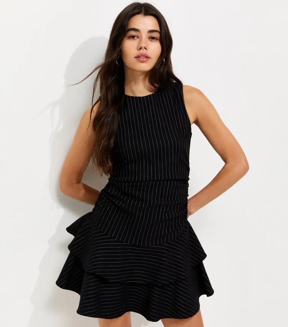 Women's Black Pinstripe Ruched Tiered Skirt Mini Dress