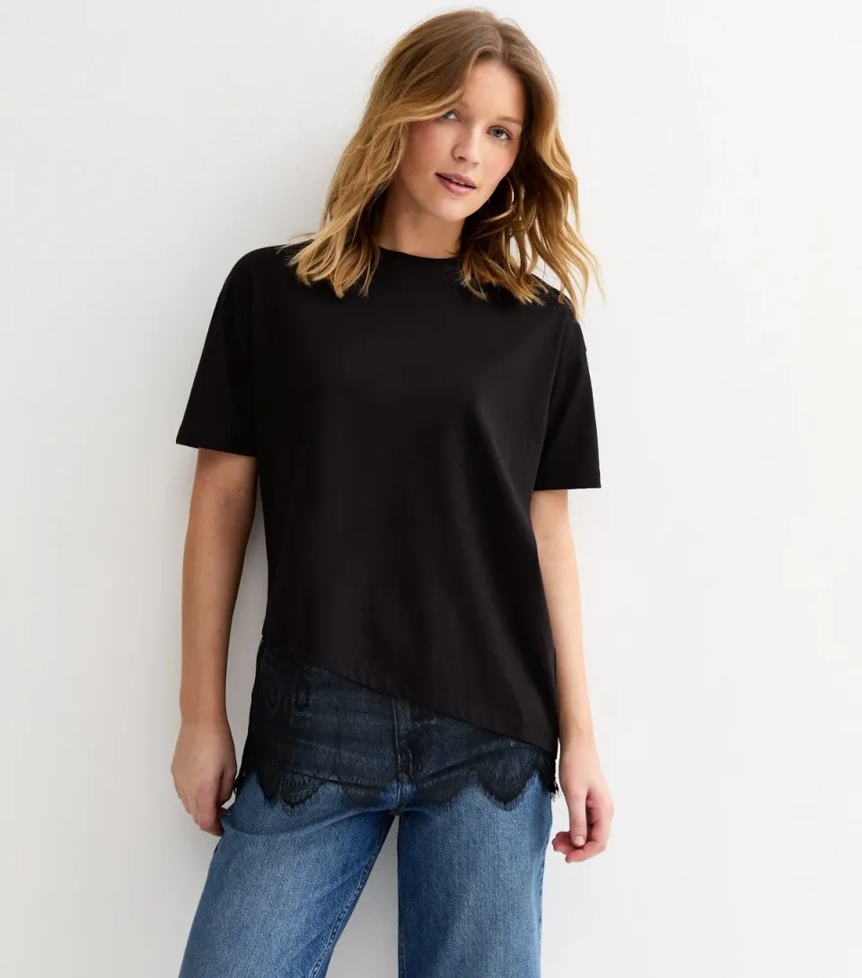Women's Black Cotton Scalloped Lace T-Shirt