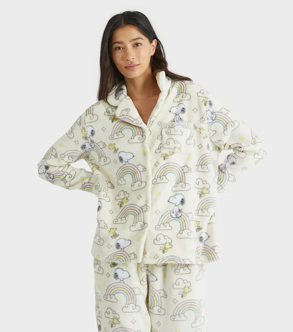 Women's White Snoopy Rainbow Fleece Pyjama Set