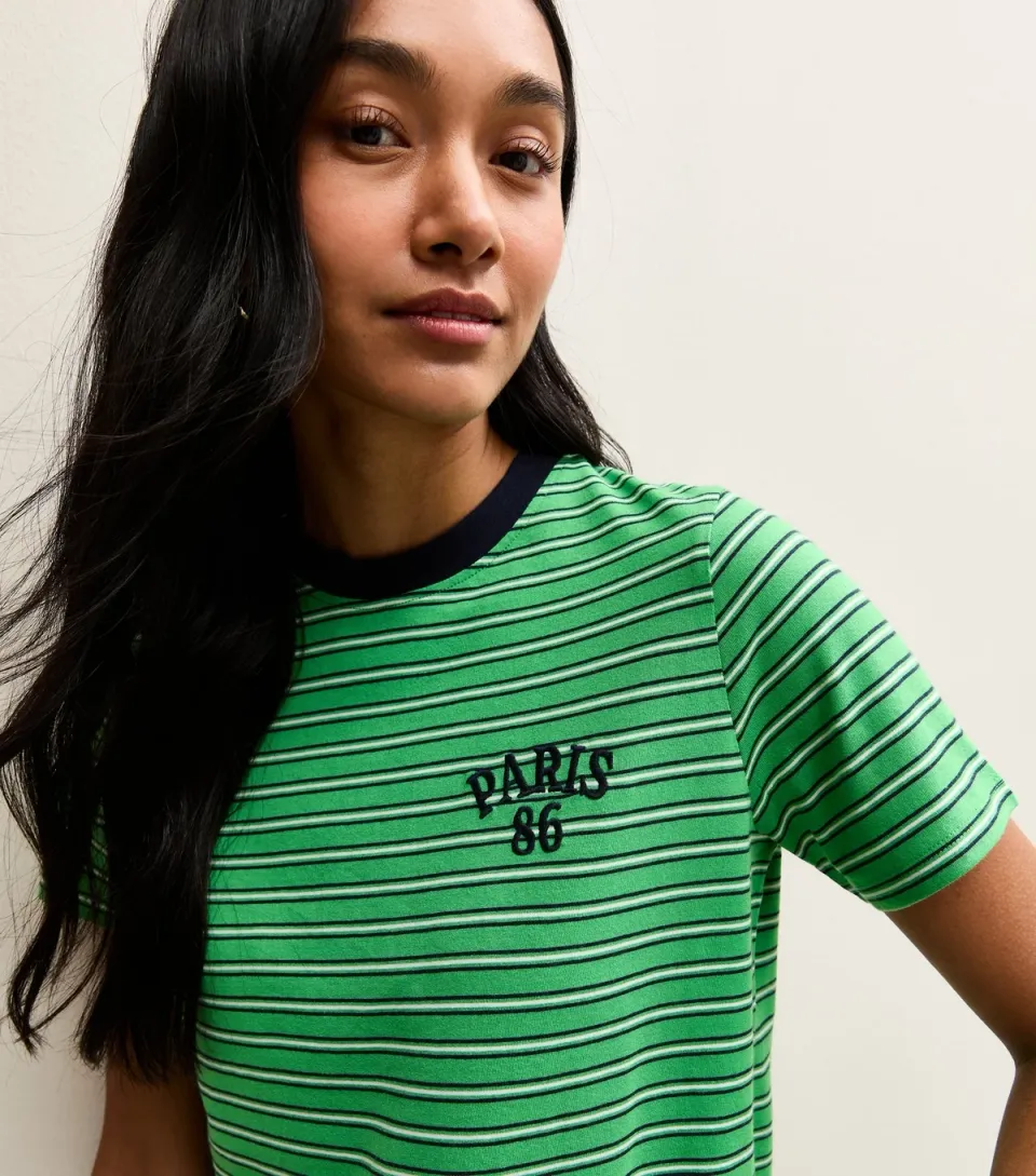 Women's Green Cotton Striped Paris 86 Logo T-Shirt