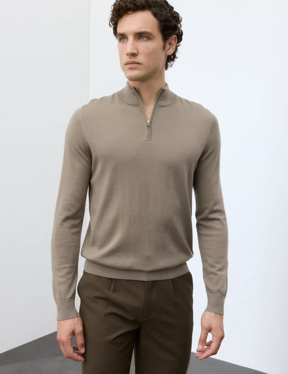 Pure Extra Fine Merino Wool Half Zip Jumper Sable