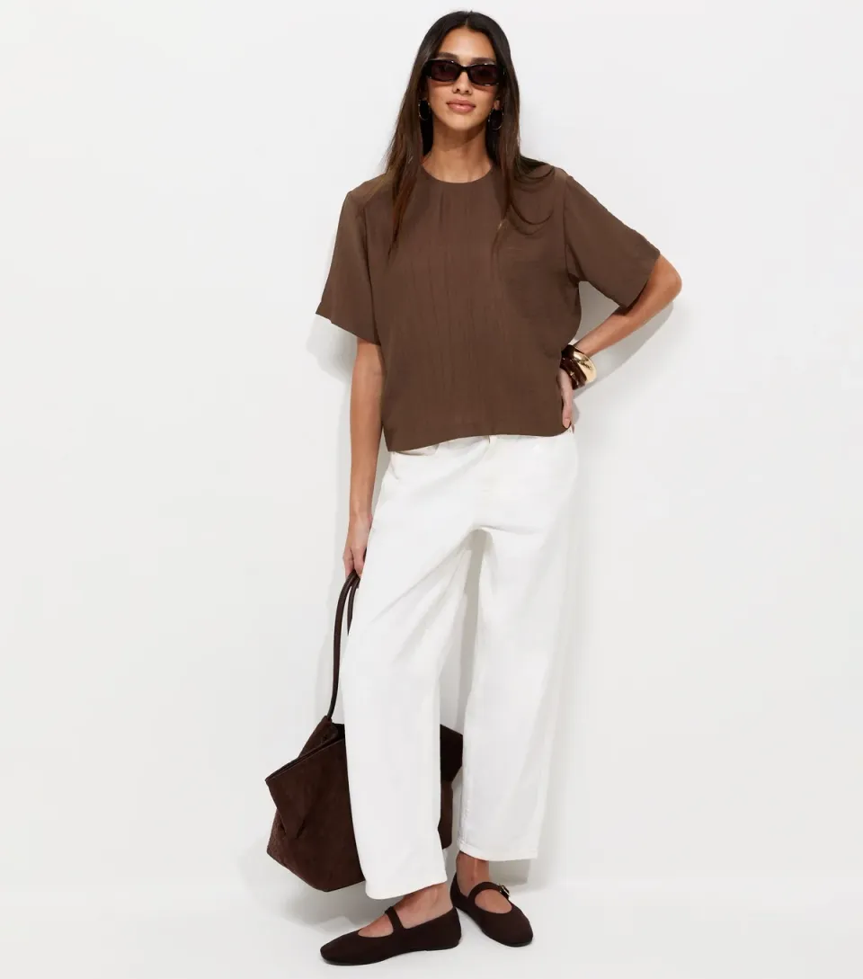 Women's Dark Brown Woven Short Sleeve T-Shirt