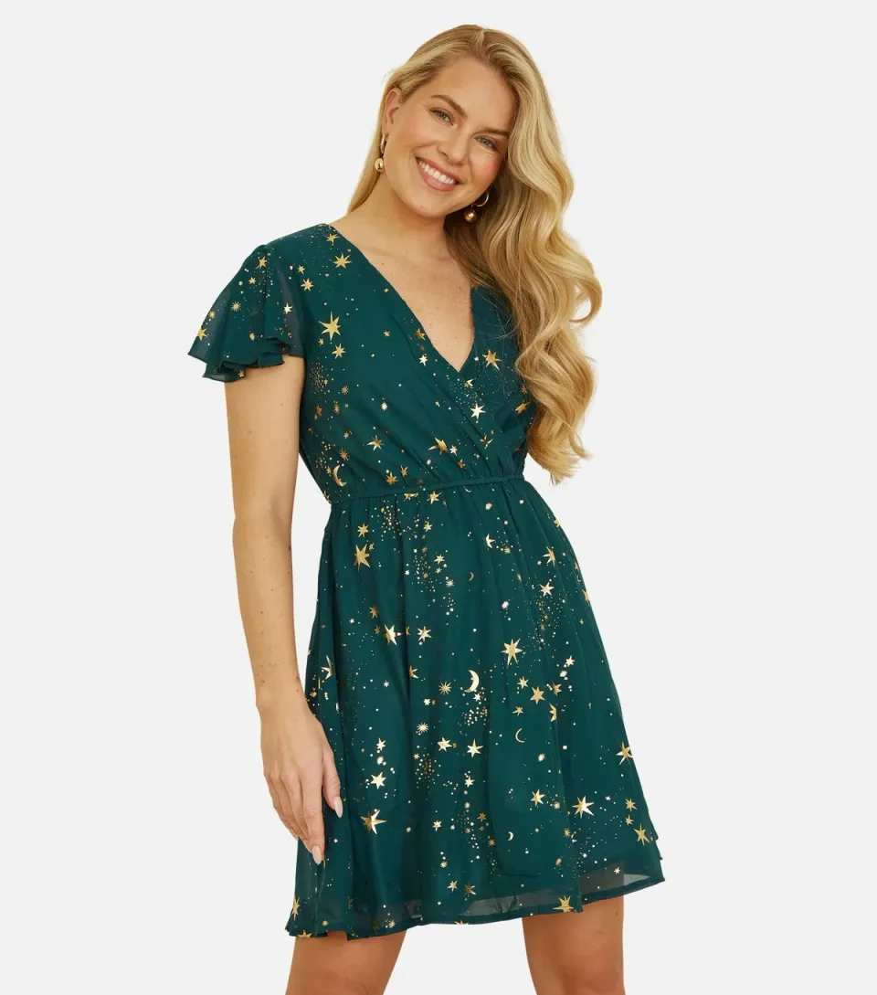 Women's Green Foil Star Wrap Dress