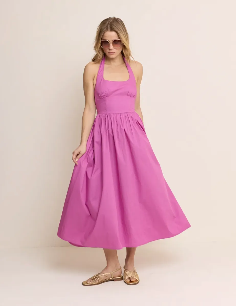 Pure Cotton Halter Neck Midi Skater Dress Purple
