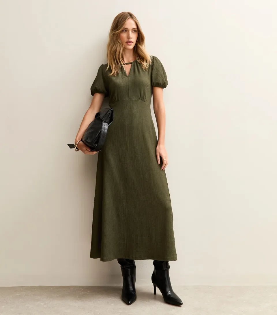 Women's Khaki Keyhole Short Sleeve Midi Dress