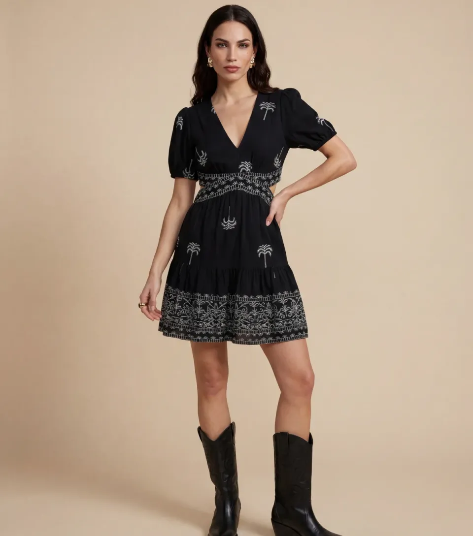 Women's Black Open Back Embroidered Mini Dress