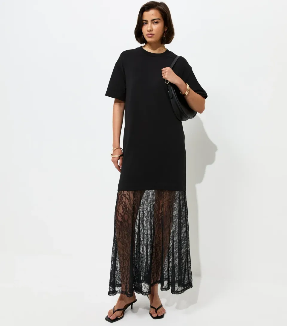 Women's Black Lace Hem T-Shirt Midi Dress