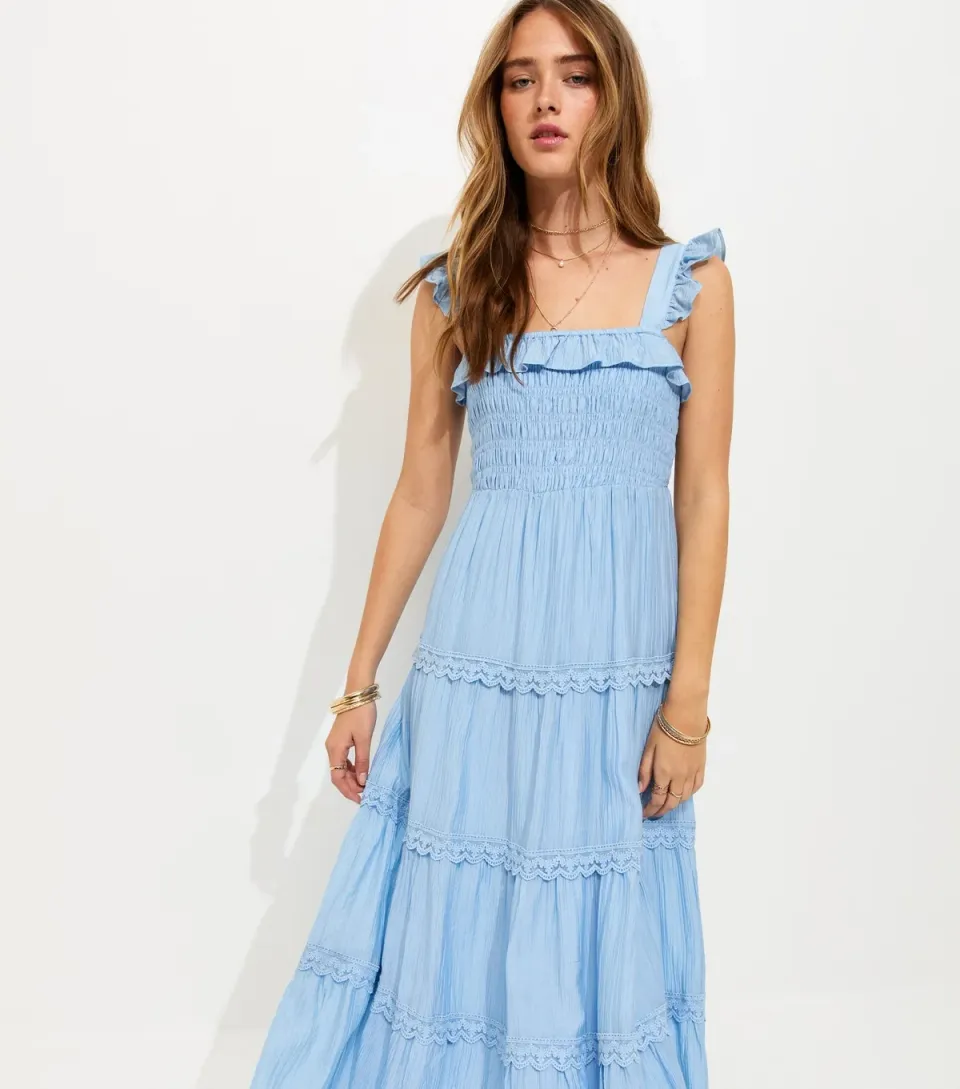 Women's Light Blue Frilly Trimmed Shirred tiered Maxi Dress