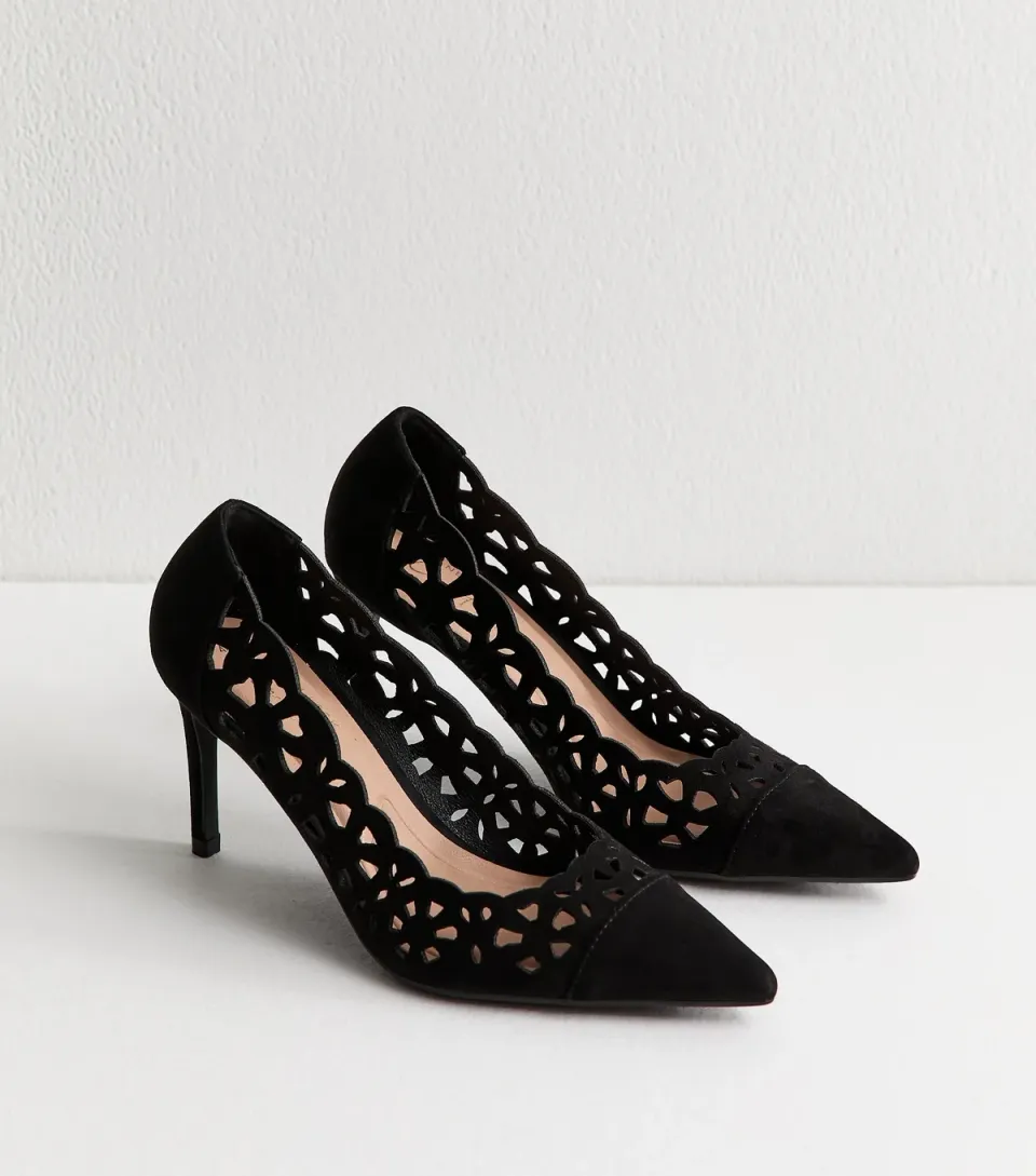 Women's Black Laser Cut Stiletto Court Shoes Vegan