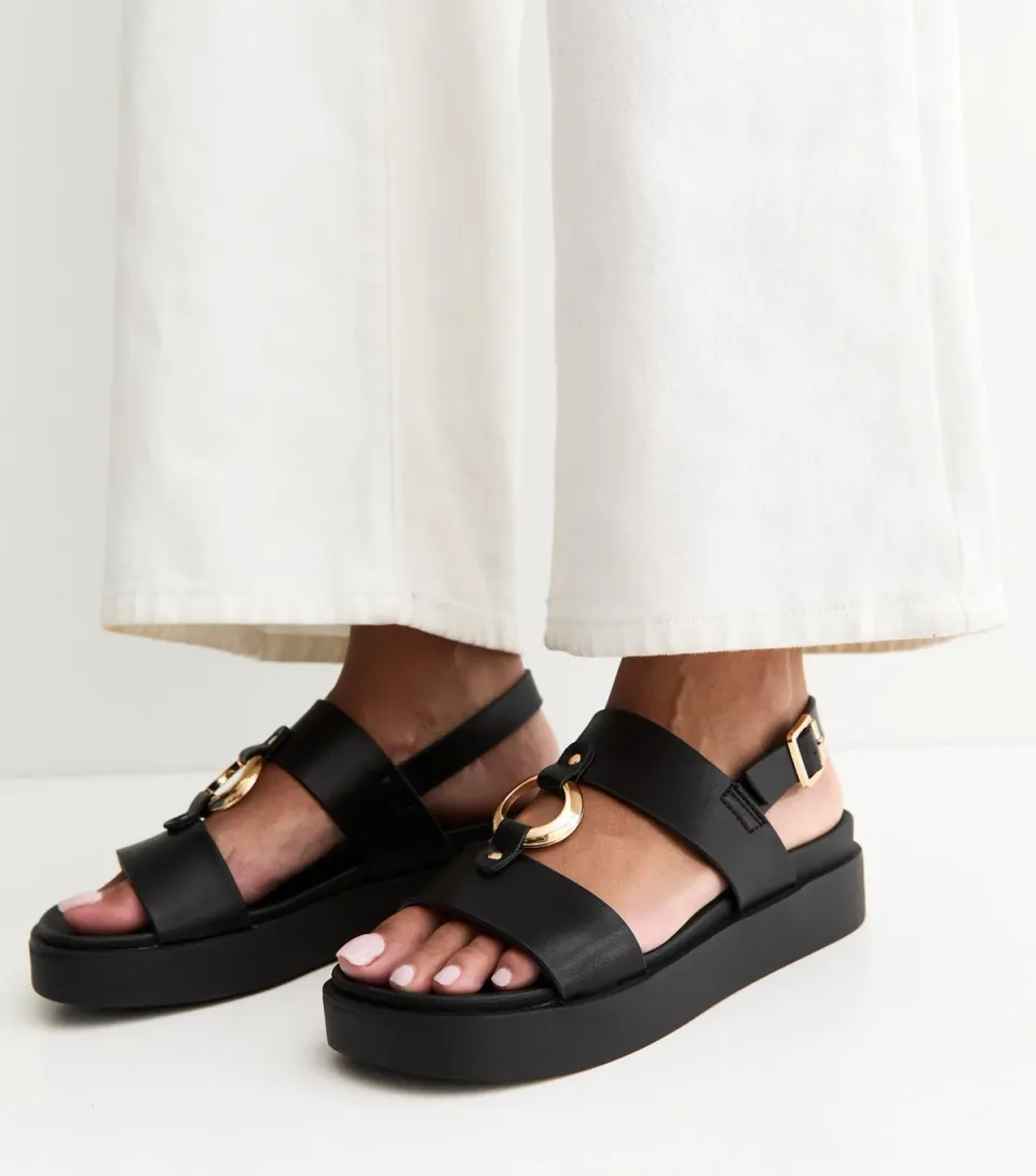 Women's Black Faux Leather Hardware Detail Flatform Sandals Vegan