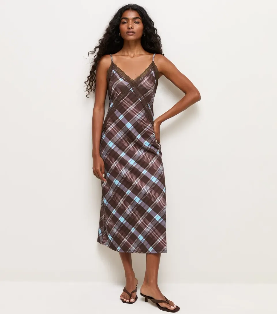 Women's Blue Checked Lace Trim Strappy Midi Slip Dress