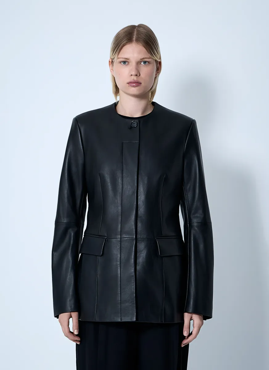 Collarless Leather Jacket