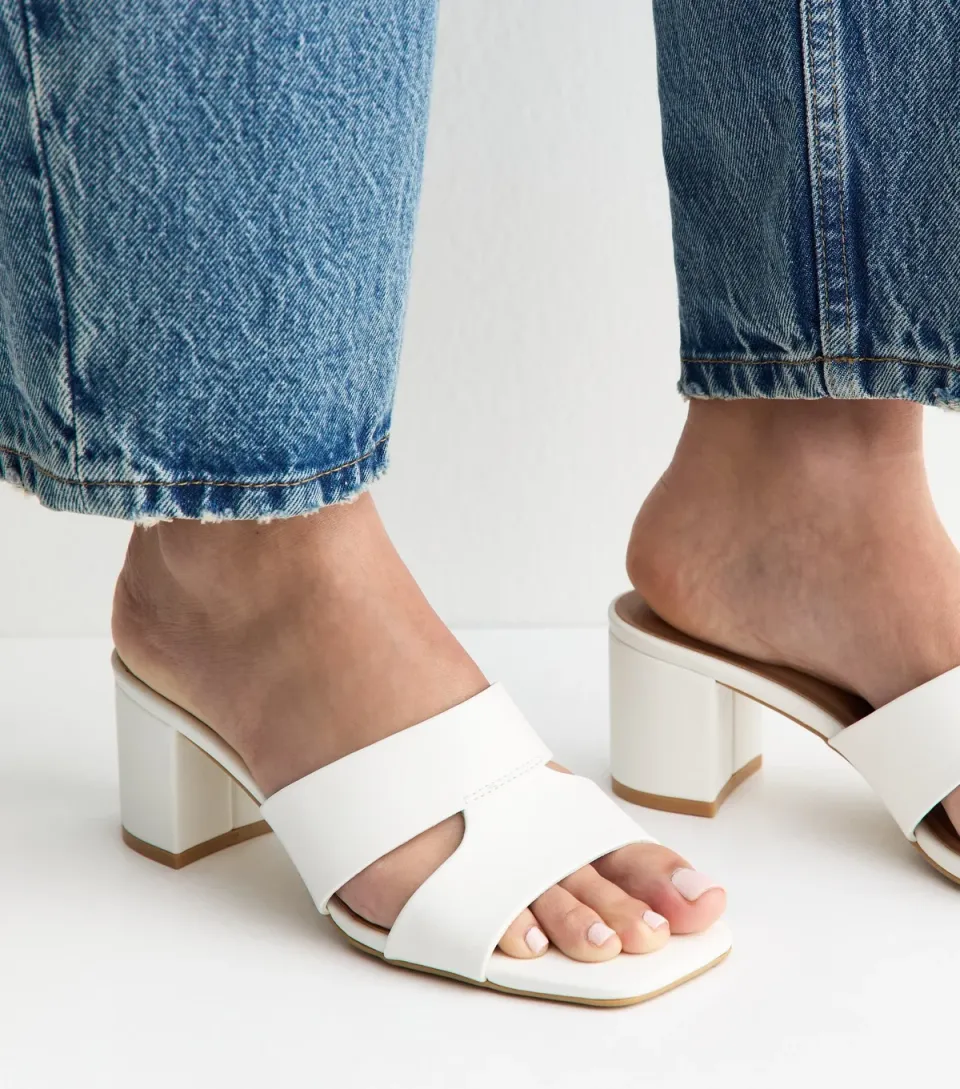 Women's White Faux Leather Cut Out Strap Block Heel Mules Vegan