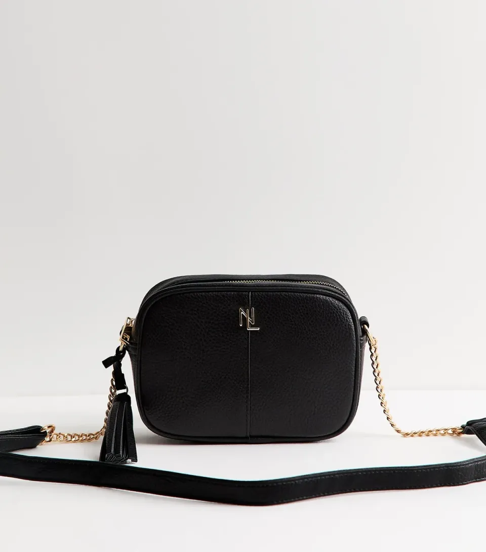 Black Faux Leather Chain Detail Crossbody Bag Vegan