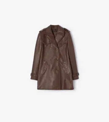 Short Fringed Leather Trench Coat in Mid brown