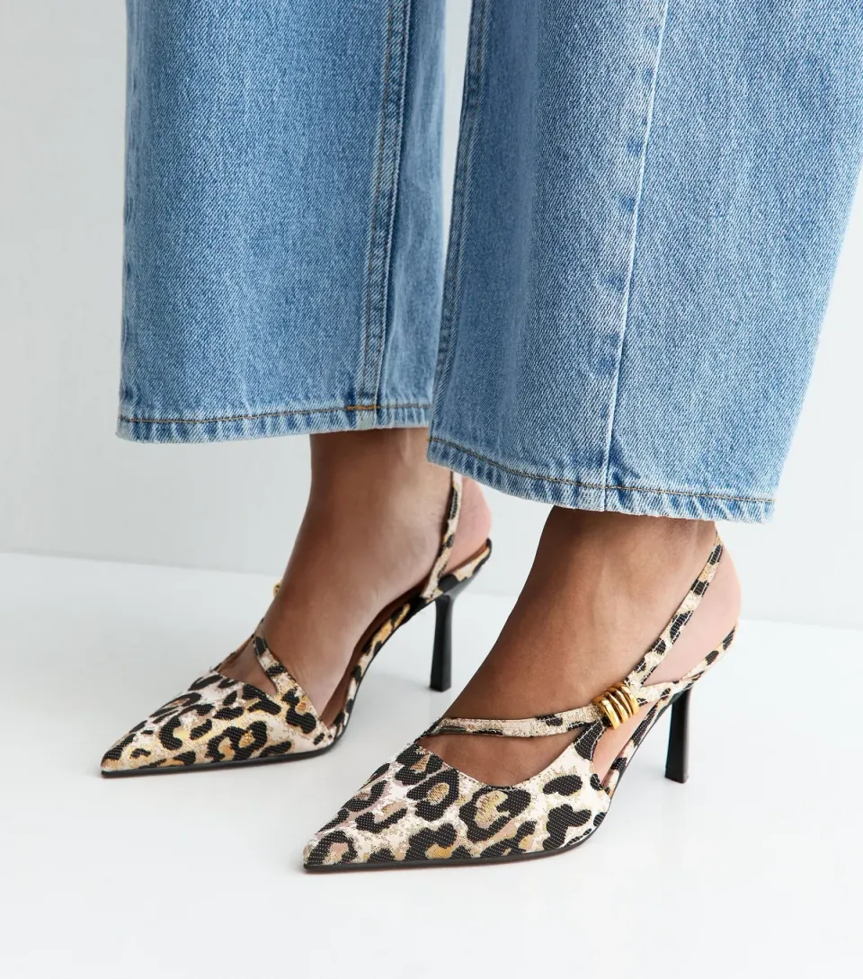 Women's Stone Leopard Print Asymmetric Strap Metal Detail Slingback Court Shoes Vegan