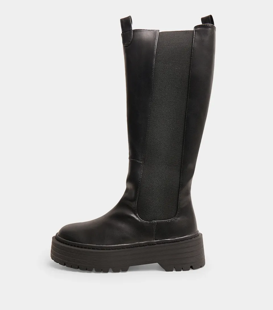 Women's Black Faux Leather Andi Knee High Chunky Sole Boots