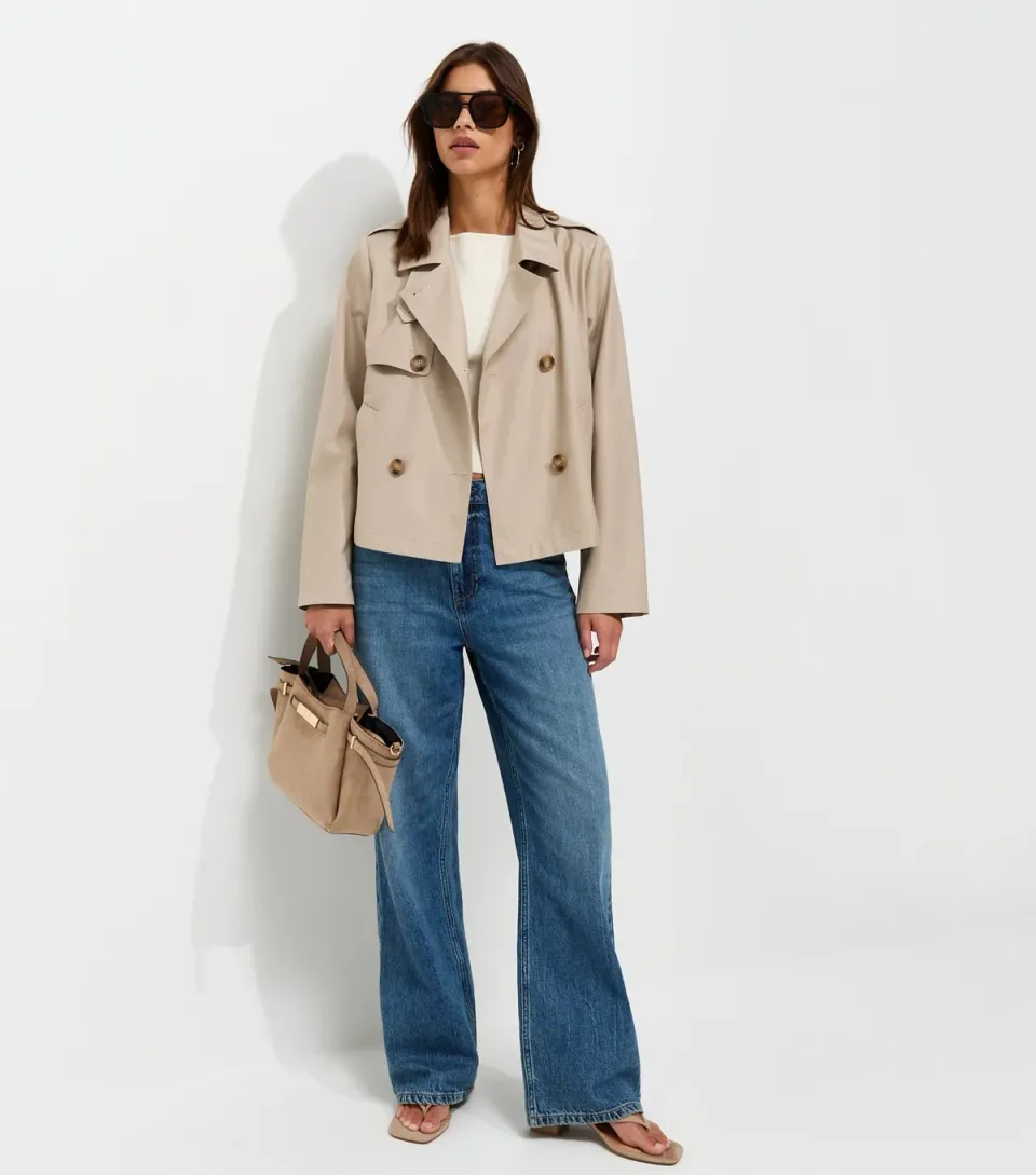 Women's Cream Double Breasted Cropped Trench Jacket