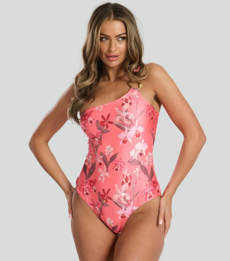 Women's Red Floral Print One-Shoulder Swimsuit