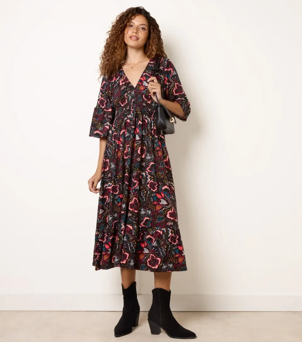 Women's Multicoloured Floral V-Neck Midi Dress