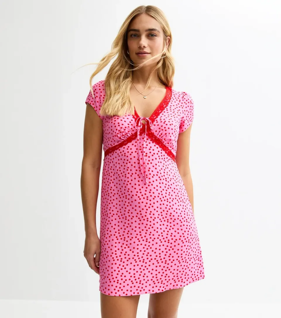 Women's Pink Lace Trim Polka Dot Mini Dress
