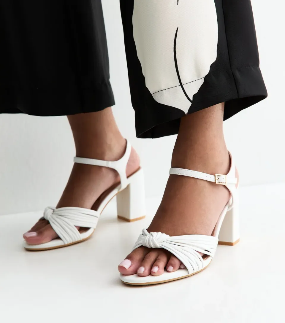 Women's Wide Fit White Knot Strap Block Heel Sandals Vegan