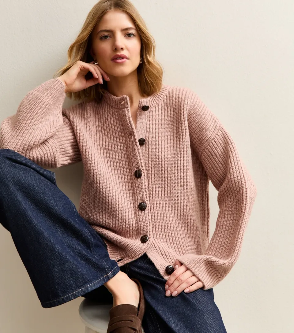 Women's Mid Pink Rib Knit Cardigan